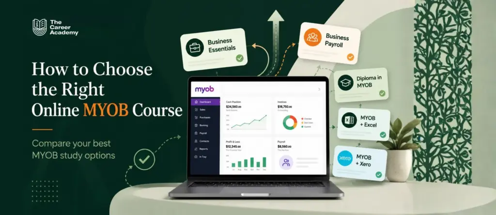 Online MYOB course options including Business Essentials, Payroll, Excel, Xero and the Diploma in MYOB