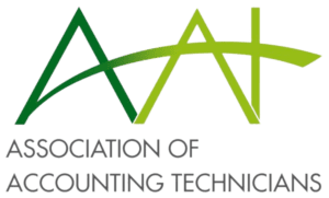 The green and yellow stylized logo of the Association of Accounting Technicians (AAT) features interconnected triangles resembling the AAT initials, on a transparent background.