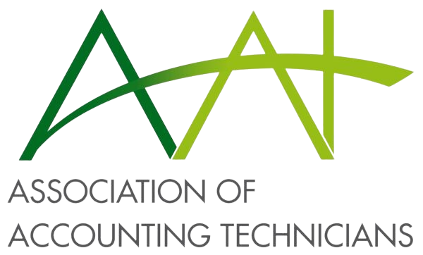 The green and yellow stylized logo of the Association of Accounting Technicians (AAT) features interconnected triangles resembling the AAT initials, on a transparent background.